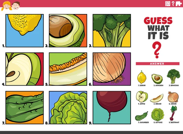 子供のための果物や野菜を推測する教育ゲームの漫画のイラスト — ストックベクタ