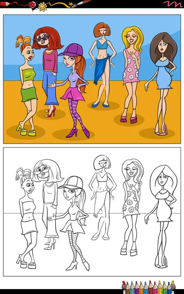 Güzel kızların ya da genç kadın karakterlerin çizgi film çizimleri grup boyama sayfası