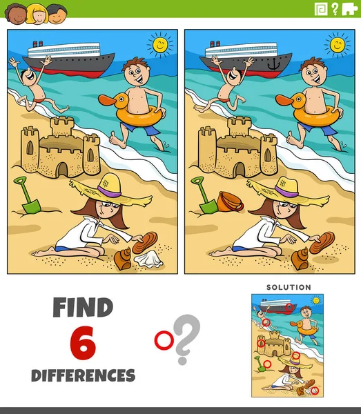 Cartoon Illustration Finding Differences Pictures Educational Game Children Beach Seaside — Stock Vector