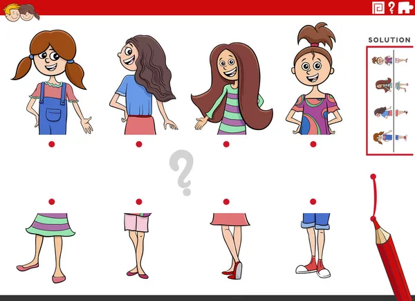 Cartoon Ilustrace Vzdělávací Úkol Párování Půlky Obrázků Komiksové Dívky Znaky — Stockový vektor