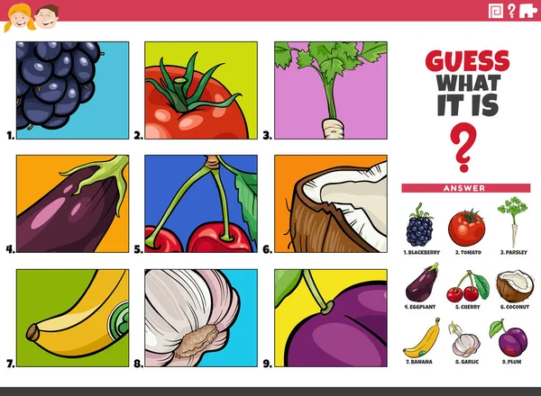 子供のための果物や野菜の食品オブジェクトを推測する教育ゲームの漫画のイラスト — ストックベクタ