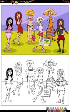 Güzel kızların ya da genç kadın karakterlerin karikatür çizimleri grup boyama sayfası