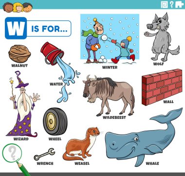 W harfi için hazırlanmış komik karakterleri ve nesneleri olan çocuklar için eğitici çizgi film çizimi