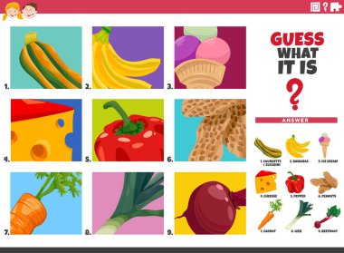 Çocuklar için yiyecek tahmin etme oyununun eğitici illüstrasyonu