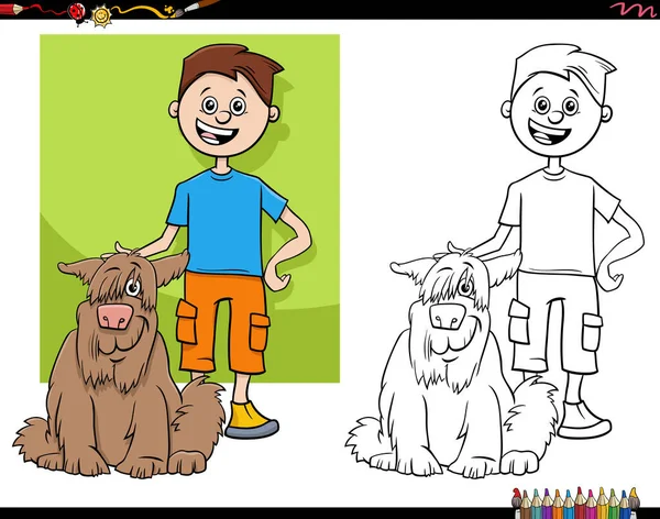 Cartoon Illustration Von Lustigen Teenie Jungen Mit Seinem Hund Malseite — Stockvektor