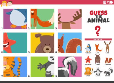 Çocuklar için hayvan türleri hakkında tahmin yürüten eğitici oyunun çizgi film çizimi