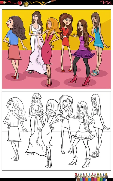 Ilustracja Kreskówki Piękne Dziewczyny Lub Młoda Kobieta Znaków Grupy Kolorowanki — Wektor stockowy