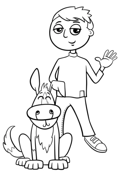 Black White Cartoon Illustration Teen Boy His Pet Dog Coloring — Stock Vector