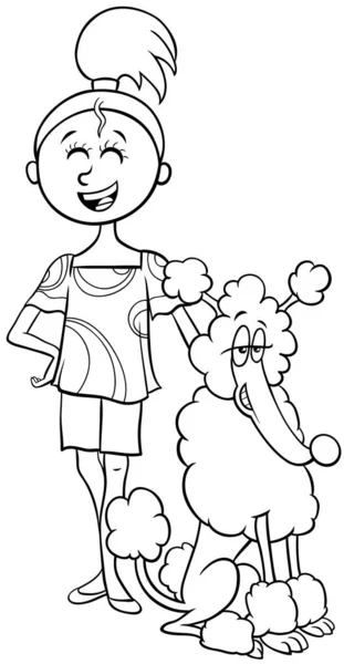 带有狮子狗角色着色页的少女黑白卡通画 — 图库矢量图片