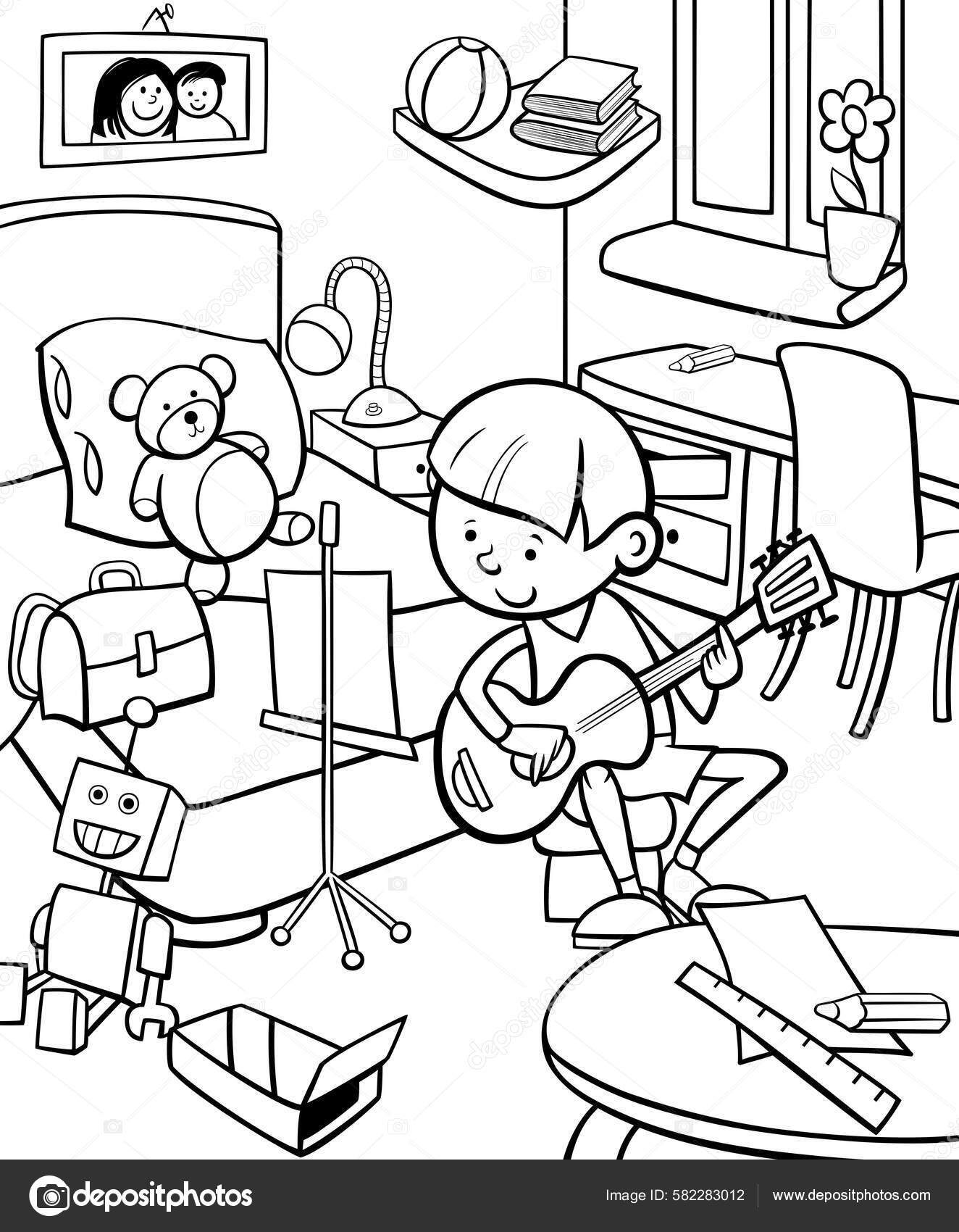 Black White Cartoon Illustration Boy Playing Guitar His Room Coloring Stock Vector Image by ©izakowski #582283012 Black White Cartoon Illustration Boy Playing Guitar His Room Coloring Stock Vector Image by ©izakowski #582283012