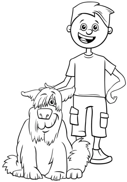 Ασπρόμαυρη Εικονογράφηση Κινουμένων Σχεδίων Του Αστείο Αγόρι Κατοικίδιο Ζώο Σκύλος — Διανυσματικό Αρχείο