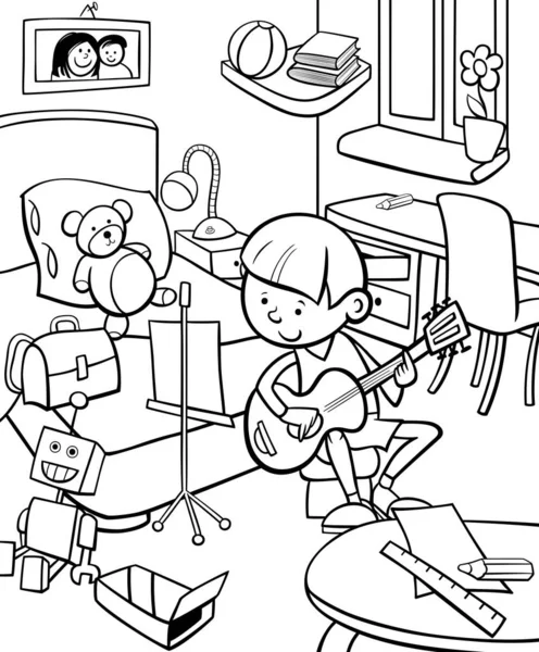 Dibujos Animados Blanco Negro Ilustración Niño Tocando Guitarra Habitación Para — Vector de stock