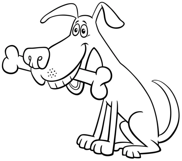 Black White Cartoon Illustration Happy Dog Comic Animal Character Bone — Stock vektor