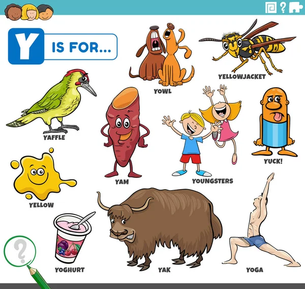 Ilustracja Kreskówki Edukacyjnej Dla Dzieci Komiksów Znaków Obiektów Ustawionych Literę — Wektor stockowy