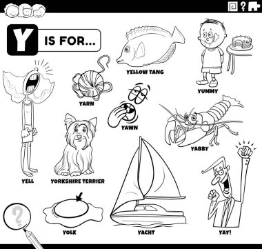 Y harfi boyama sayfasına ayarlanmış komik karakterleri ve nesneleri olan çocuklar için siyah ve beyaz eğitim çizgi filmi çizimi