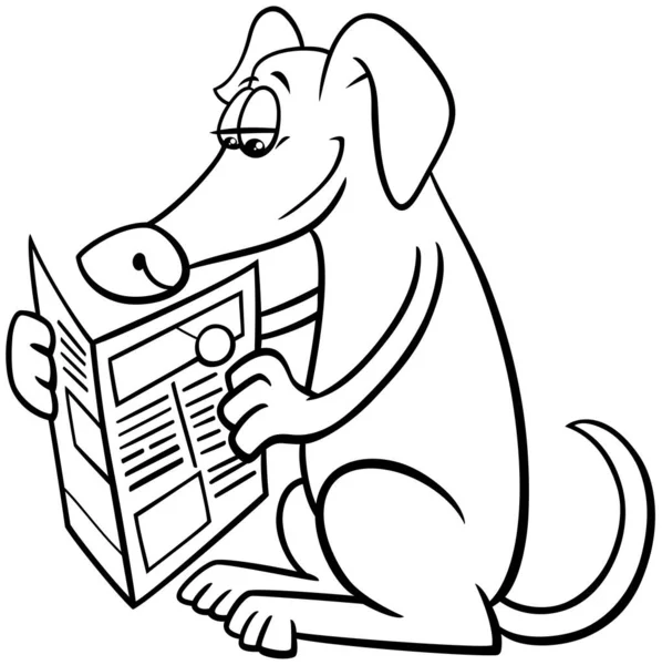 Černobílé Kreslené Ilustrace Legrační Pes Zvíře Charakter Čtení Noviny Zbarvení — Stockový vektor