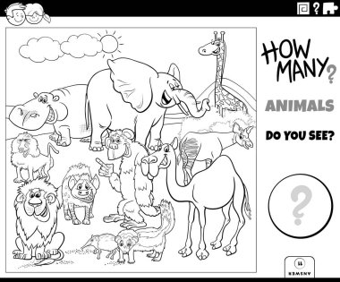 Çizgi film karakteri grup boyama kitabı sayfası olan çocuklar için eğitici sayma oyununun siyah beyaz çizimi