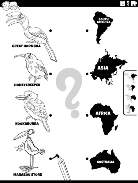 鳥の動物種の文字や大陸の着色ページと教育マッチングタスクの黒と白の漫画のイラスト — ストックベクタ