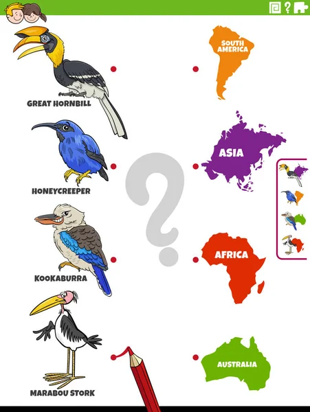 Мультфильм Иллюстрации Учебной Задачи Сопоставления Птицами Животных Форм Континента — стоковый вектор
