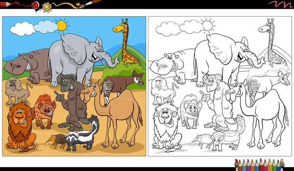 Cartoon Illustration Wild Animal Characters Group Coloring Page — ストックベクタ