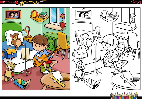 Cartoon Illustration Happy Boy Playing Guitar His Room Coloring Page — ストックベクタ