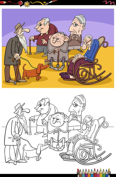 Rajzfilm Illusztráció Idős Emberek Vagy Idősebb Karakterek Csoport Színező Oldal — Stock Vector