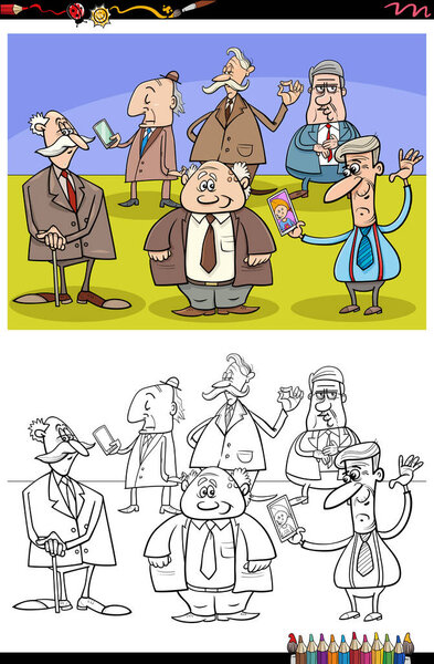 Cartoon illustration of elder people or senior characters group coloring page