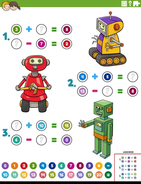 具有漫画机器人人物形象的教育数学加减解题任务的卡通画 — 图库矢量图片