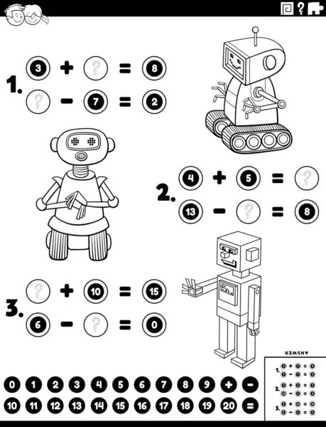 Black White Cartoon Illustration Educational Mathematical Addition Subtraction Puzzle Task — Vetor de Stock