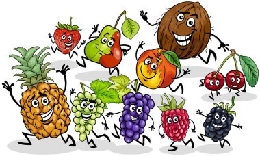 Cartoon illustration of playful fruit comic characters group
