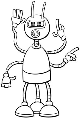 Robot ya da droid çizgi roman fantezi karakter boyama sayfasının siyah beyaz çizimi