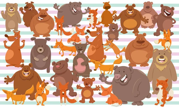 Cartoon Illustrations Bears Foxes Characters Set Paper Pack Fabric Design — ストックベクタ