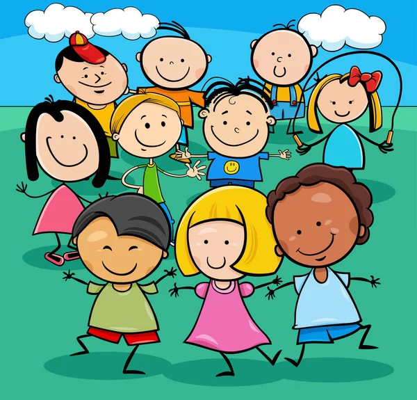 Cartoon Illustration Happy Förskola Eller Elementär Ålder Barn Teckengrupp — Stock vektor