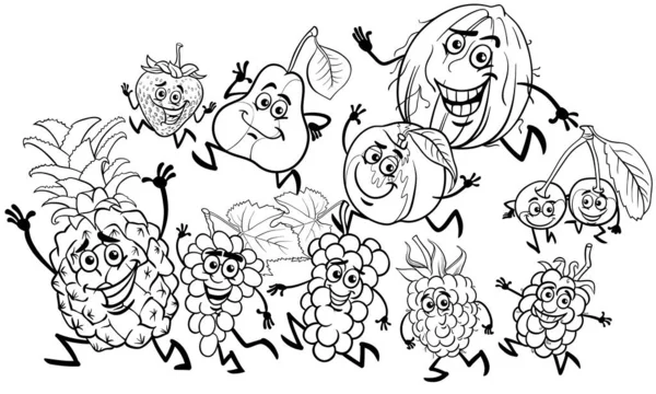 Black White Cartoon Illustration Playful Fruit Comic Characters Group Coloring — Stok Vektör