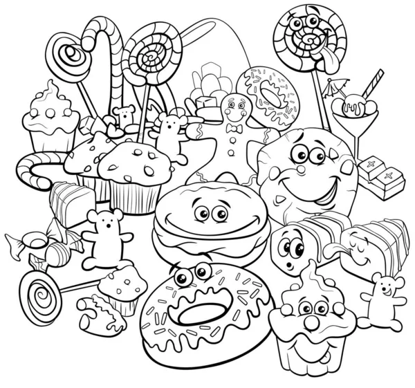 Black White Cartoon Illustration Sweet Food Objets Candy Objects Group — 图库矢量图片