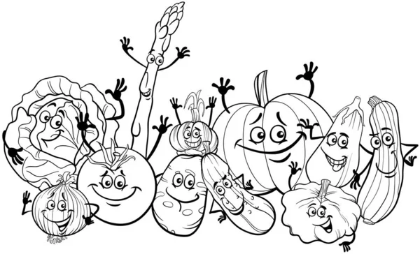 Black White Cartoon Illustration Happy Vegetables Food Characters Group Coloring — Stockvector