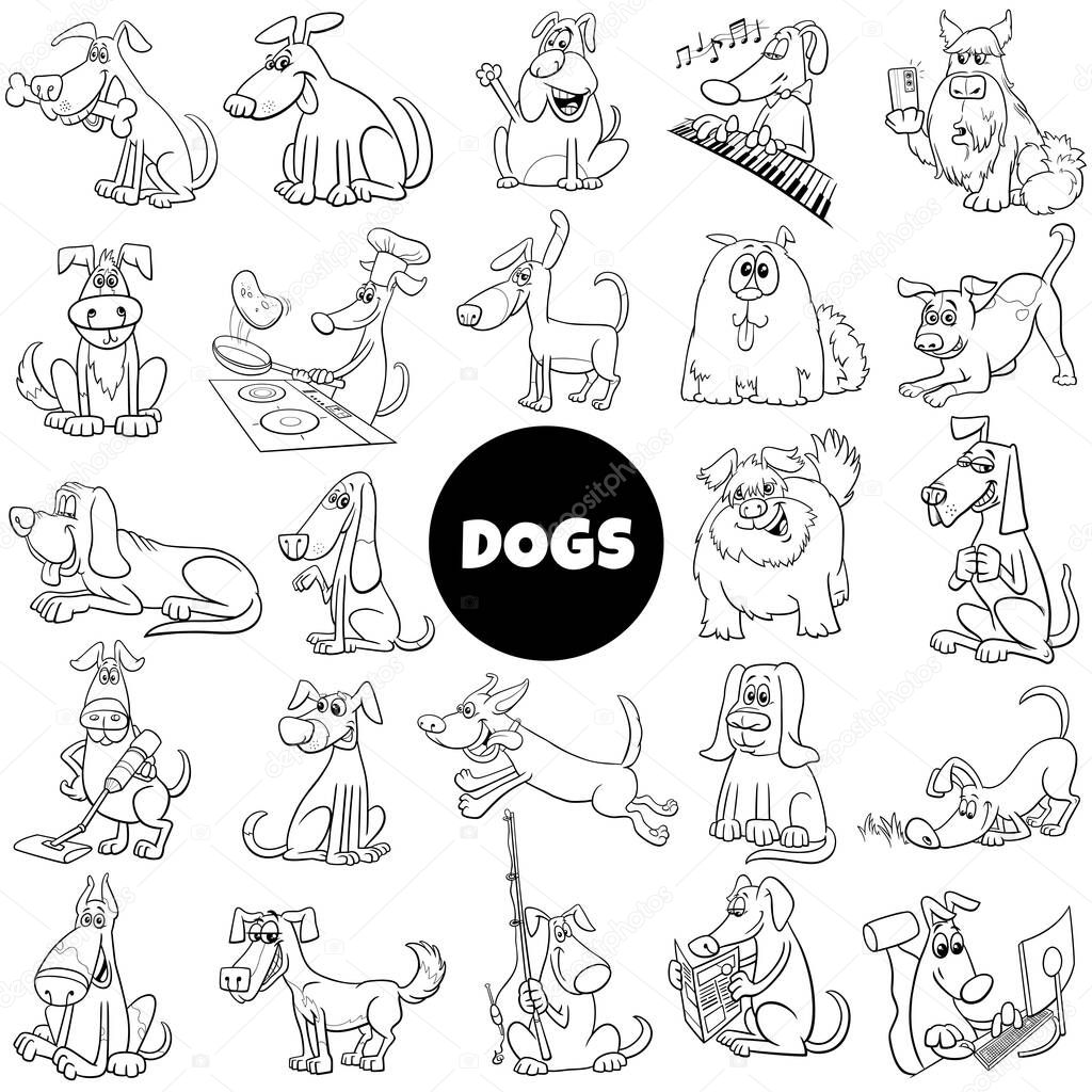 Black and white cartoon illustration of dogs and puppies pet animal characters set coloring page