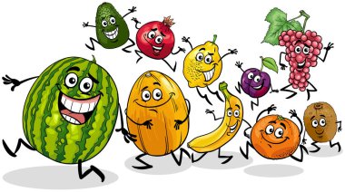 Cartoon illustration of funny fruit comic characters group