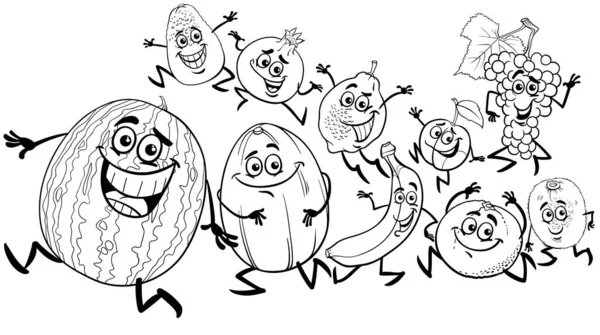 Black White Cartoon Illustration Funny Fruit Comic Characters Group Coloring — Vetor de Stock