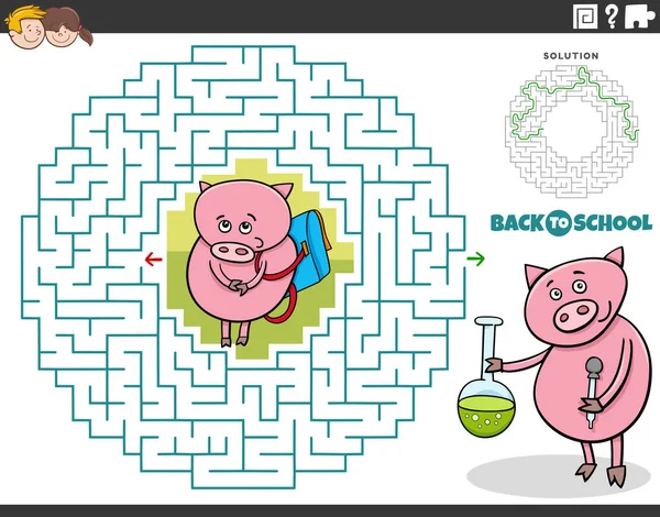 Cartoon Illustration Educational Maze Puzzle Game Children Piglet Pupil Going — Stockový vektor