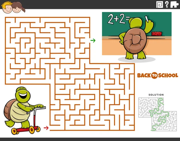 Cartoon Illustration Educational Maze Puzzle Game Children Comic Turtle Riding — 스톡 벡터