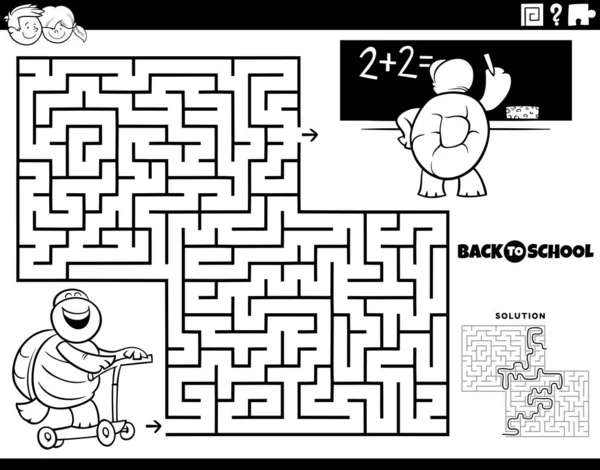Черно Белый Мультфильм Иллюстрирует Образовательную Игру Лабиринт Детей Комической Черепахой — стоковый вектор