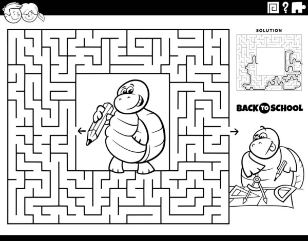 Черно Белый Мультфильм Иллюстрирует Развивающую Игру Лабиринт Детей Куклами Черепахами — стоковый вектор