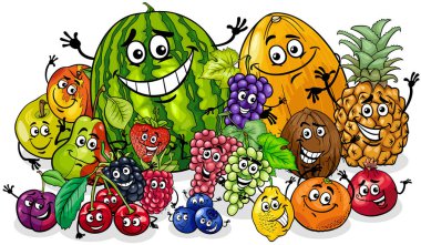 Cartoon illustration of happy fruit comic characters group