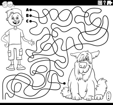 Çizgilerin siyah-beyaz çizimi. Komik çocuk karakteri ve köpek boyama sayfası ile labirent oyunu.
