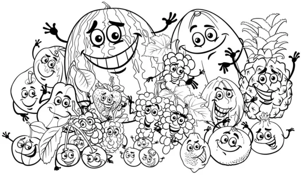 Black White Cartoon Illustration Happy Fruit Comic Characters Group Coloring — Stockvector