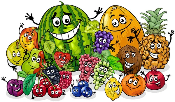 Illustration Bande Dessinée Heureux Fruits Bande Dessinée Groupe Personnages — Image vectorielle