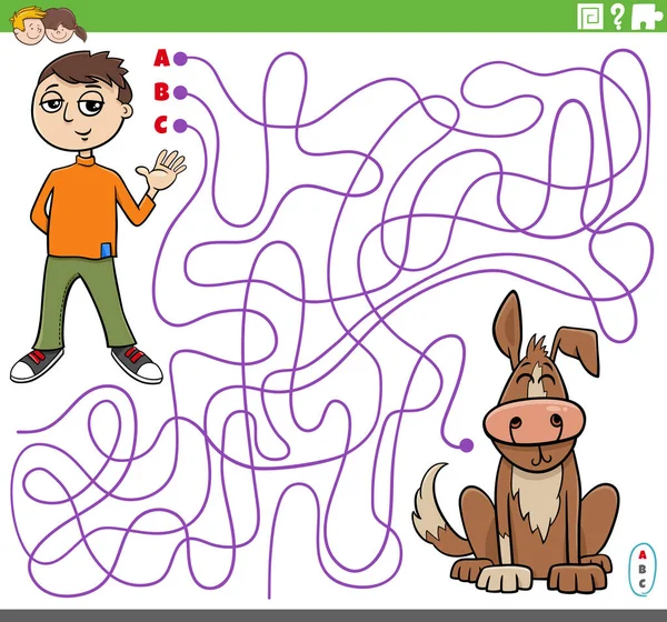 Cartoon Illustration Lines Maze Puzzle Game Comic Teen Boy Character — Stok Vektör