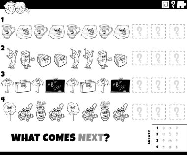 Black and white cartoon illustration of completing the pattern educational task with object characters coloring page