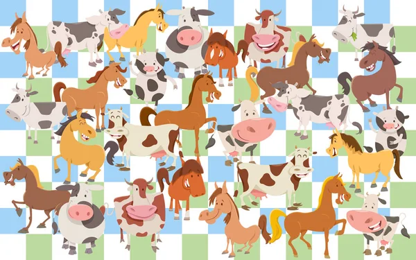 Cartoon Illustrations Cows Horses Farm Animal Characters Set Paper Pack — Stockvector